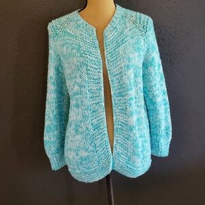 Handmade 70s/80s Aqua Blue Acrylic Knit Open Cardigan Medium